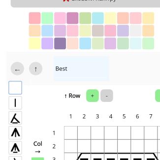 Інтерфейс редактора схем в’язання Love Knit на Android — сітка, символи, кольори, попередній перегляд